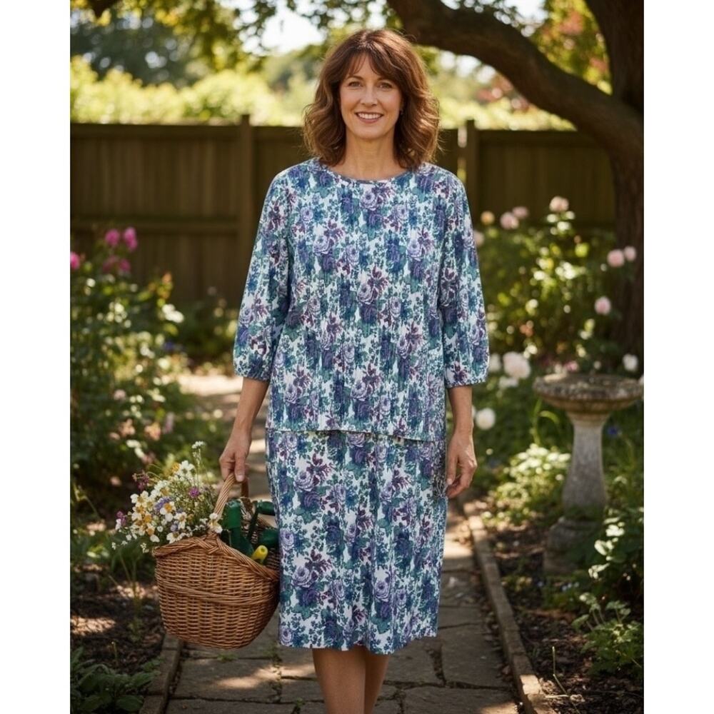Cue‎ Fashions Dress Women's Size 24W Purple Floral Broom Fold Vintage 3/4 Sleeve